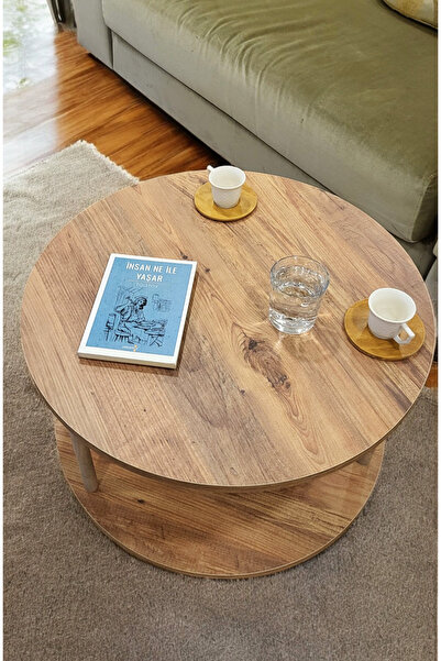 PEKA Yuvarlak Orta Sehpa Ahşap Ayaklı Sehpa Iki Raflı Sehpa Dekoratif Sehpa Gazetelikli - Çam -60cm