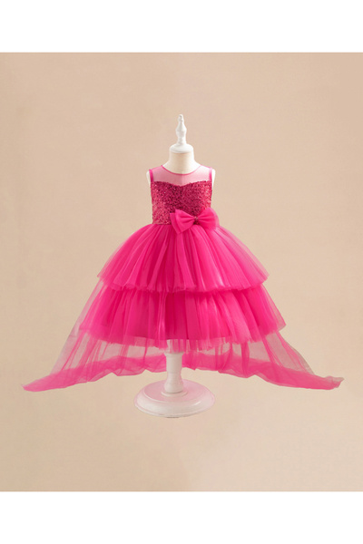 Mark & Mia فستان مارك وميا طويل بدون أكمام ومزين بالترتر وتفاصيل فيونكة - فوشيا