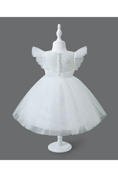 Mark & Mia Mark & Mia Frill Sleeves Knee Length Solid Party Frock - White