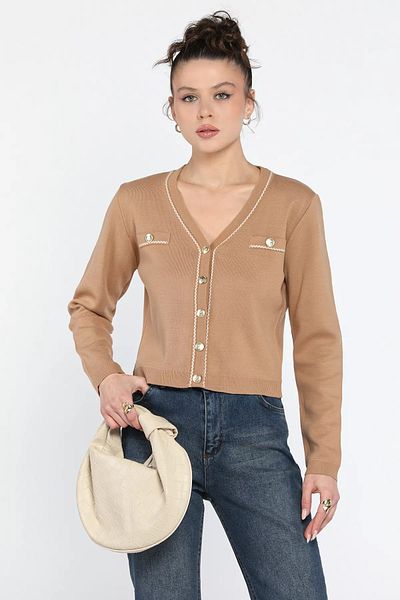 GÜLSELİ Beige Women's Short Knitwear Cardigan