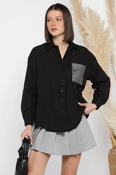 GÜLSELİ Cămașă de damă oversize cu broderie cu piatră neagră