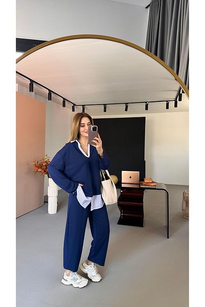 Sezgi Tekin Poplin Detail Navy Blue Modal Sweat Pants Set