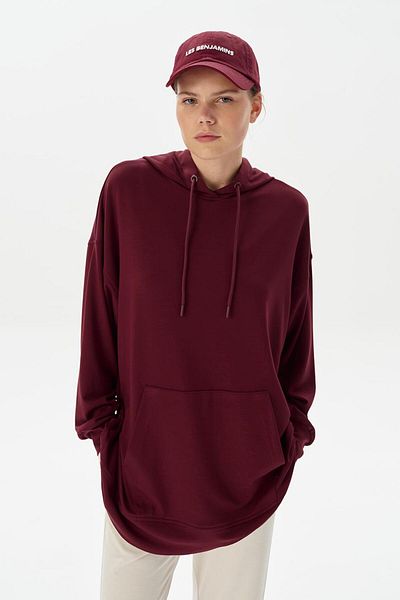 KADRİYE BAŞTÜRK Modal Knitted Hooded Oversize Sweatshirt Claret Red