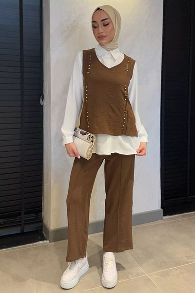 julude Καφέ Πέρλα Πουκάμισο Πουλόβερ Παντελόνι Hijab Τριπλό Σετ