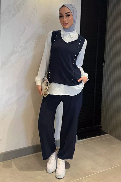 julude Navy Blue Pearl Shirt Παντελόνι Μουσουλμανικό Τριπλό Σετ
