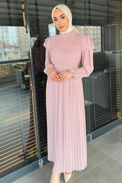 julude Powder Shoulder Detailed Pleated Hijab Chiffon Dress