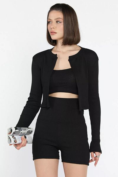 GÜLSELİ Black Women's Camisole Crop Cardigan Shorts Three Piece Set
