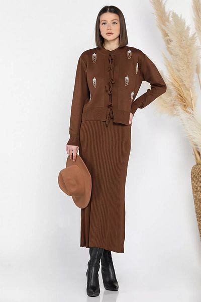 GÜLSELİ Brown Women's Pearl and Stone Embroidered Knitwear Dress Cardigan Double Set