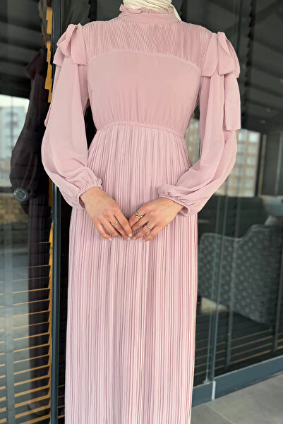 julude Powder Shoulder Detailed Pleated Hijab Chiffon Dress