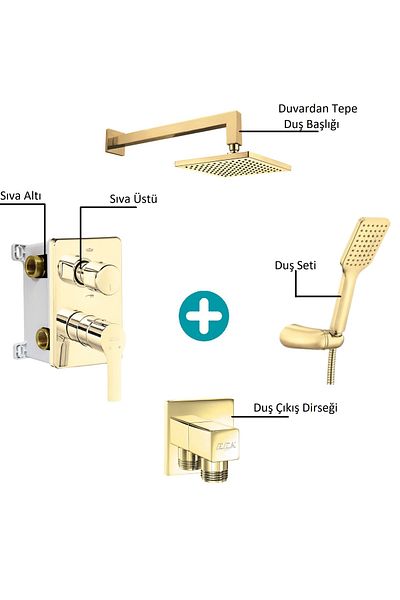 Eca Luna Concealed 2-Way Gold Color Shower Set - Connected Mixer and All Parts