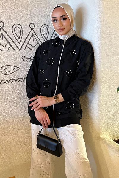 julude Μαύρο γυναικείο μαργαριτάρι κεντημένο μπουφάν Hijab