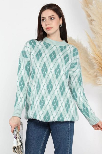 GÜLSELİ Mint Crew Neck Diamond Pattern Women's Knitwear Sweater