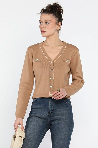 GÜLSELİ Beige Women's Short Knitwear Cardigan