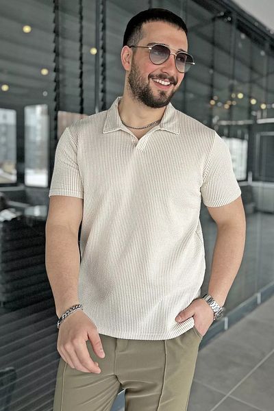 MİSHAR İTALİA Μπλουζάκι από λύκρα με μπεζ ανδρικό γιακά πόλο