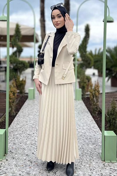 julude Μπεζ γυναικεία αξεσουάρ ζώνης Blazer Jacket Φούστα Hijab Διπλό Σετ