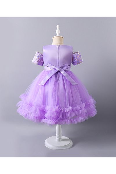 Mark & Mia Mark & Mia Bow Detailed & Floral Sequins Embellished Cold Shoulder Tulle Dress - Purple