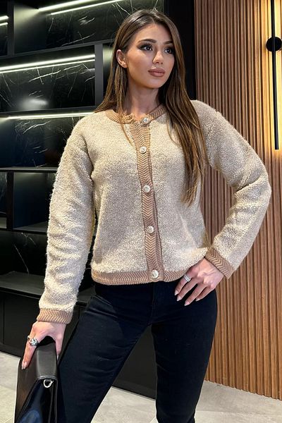 GÜLSELİ Γυναικείο Πλεκτό Μπουφάν με Μπεζ Κουμπί