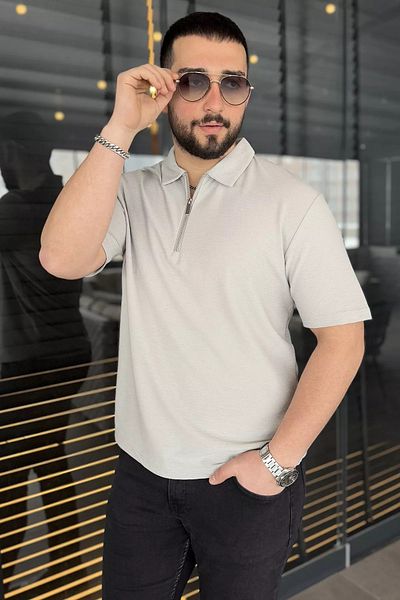 MİSHAR İTALİA Ανδρικό μπλουζάκι με γιακά πόλο ανοιχτό γκρι με μισό φερμουάρ