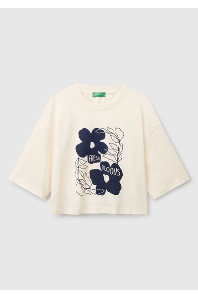 United Colors of Benetton Women's Cream 100% Cotton Floral Patterned Boxy Fit T-Shirt