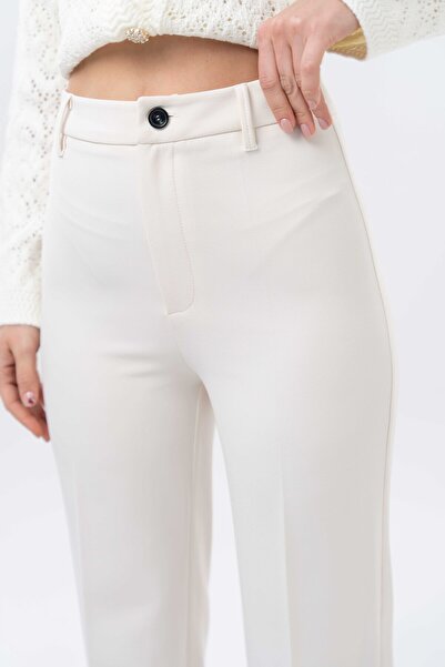Saade Ecru High Waist Gathered Woven Straight Trousers