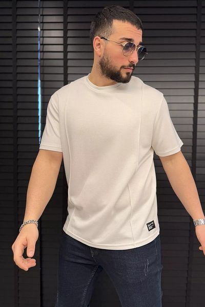 MİSHAR İTALİA Κρεμ ανδρικό μπλουζάκι από Lycra με λεπτομέρεια ραφής με λαιμόκοψη