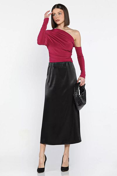 GÜLSELİ Fusta neagră din satin cu talie elastică pentru femei