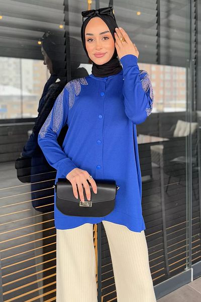 julude Ζακέτα πλεκτό Hijab με κεντημένο κουμπί σε μπλε πέτρα