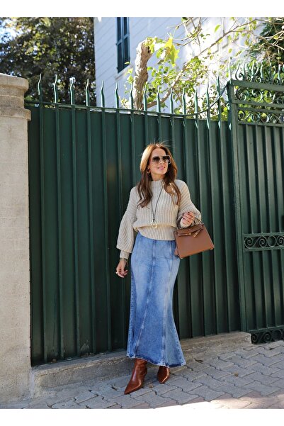 Purple by Banu Mavi Taşlamalı Balık Model Jean Etek