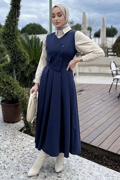 julude Γυναικείο φόρεμα Gilet Hijab με λεπτομέρεια με κουμπιά Navy Blue