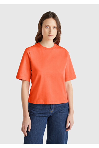 United Colors of Benetton Tricou portocaliu pentru femei, 100% bumbac, cu cro...