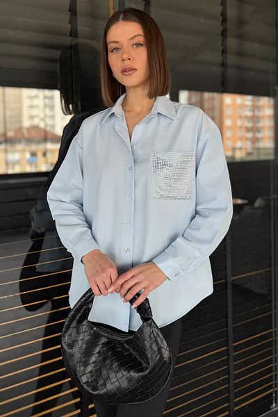 GÜLSELİ Cămașă oversize pentru femei cu broderie cu piatră albastră