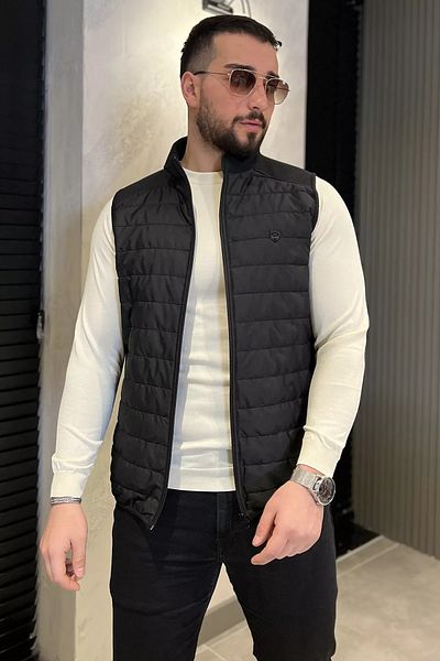 MİSHAR İTALİA Черен мъжки ватиран тънък жилет с джобове