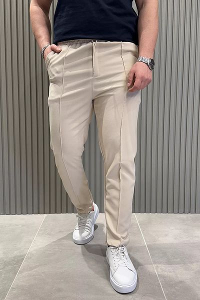 MİSHAR İTALİA Μπεζ ανδρικό παντελόνι Jogger με ελαστική μέση