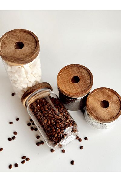 The Mia 4-Piece Large Size Glass Storage Set with Wooden Lid - 1000 ml Cam0315