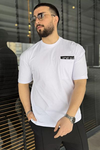 MİSHAR İTALİA Λευκό ανδρικό μπλουζάκι με μονό τσέπη με λαιμόκοψη