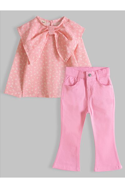 Cotton Trips Woven Bow Shirt Gabardine Trousers Suit 2-7 Years