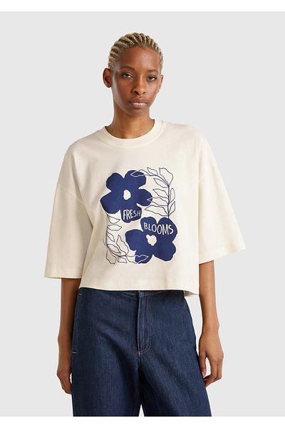 United Colors of Benetton Women's Cream 100% Cotton Floral Patterned Boxy Fit T-Shirt