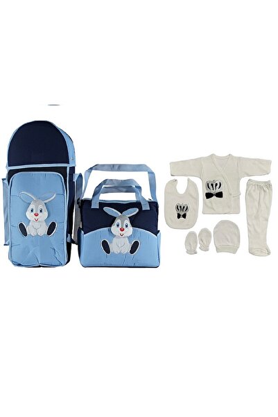 ŞAMATA PARTİ EVİ 2'li Erkek Bebek Taşıma Seti Portbebe Anne Bakım Çantası Ve 5’li Hastane Çıkış Seti (ZIBIN) Mavi