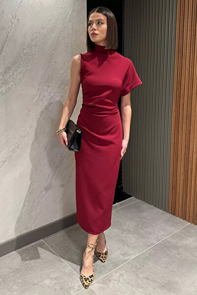 GÜLSELİ Burgundy Slit Waist Draped Women's Dress