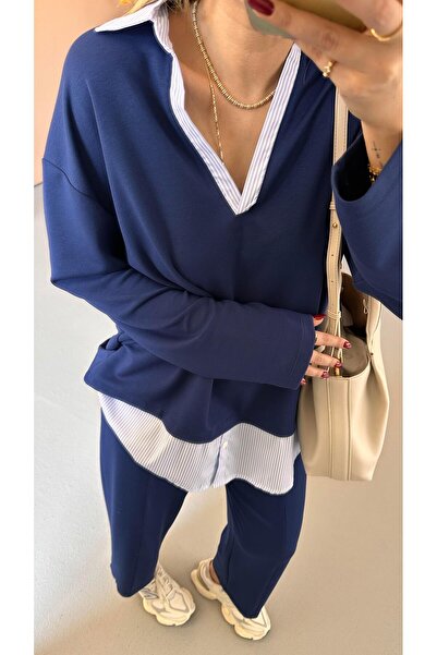 Sezgi Tekin Poplin Detail Navy Blue Modal Sweat Pants Set