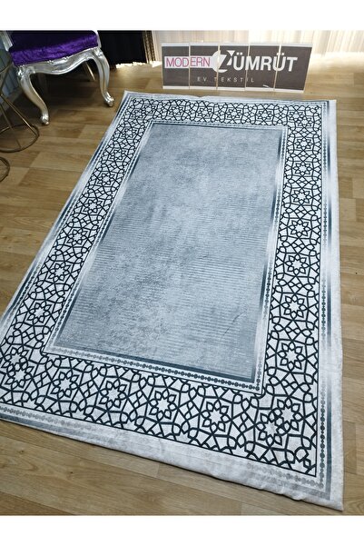 Zümrüt Ev Tekstil Lastikli Süngerli Kaymaz Halı Örtüsü Modern Desen Leylin Gri Renk