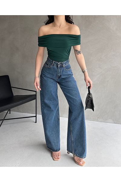 Fav Style Σμαραγδένια Πράσινη Γυναικεία Μπλούζα - Γιακάς Madonna και Πλαϊνό Μαζευμένο