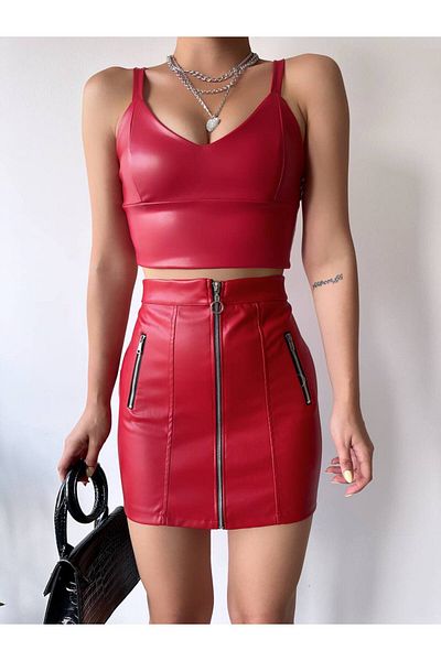 Miss Prova Zipper Detailed Leather Woven Skirt Misset24510