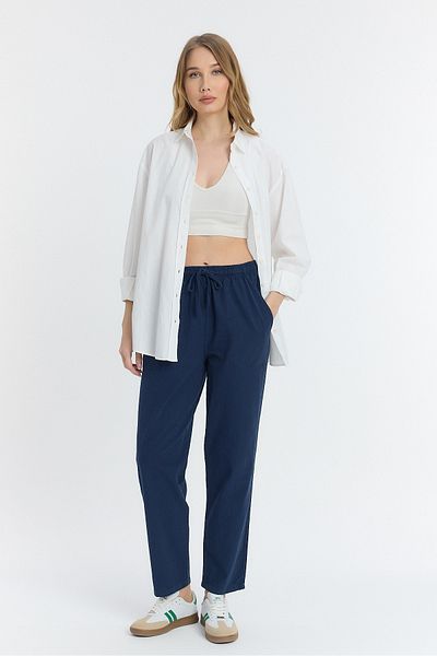 COMBİNE MİCHAİL Linen Blended Loose Fitting Navy Blue Trousers