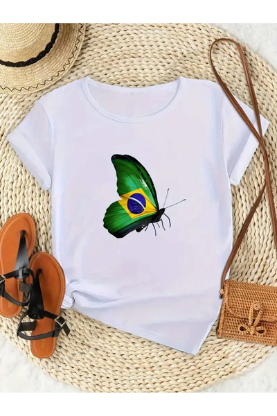 PENTHİLUS Casual Butterfly Brazil Flag Printed T-Shirt, Comfortable Short Sleeve Round Neck Blouse