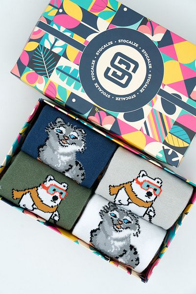 STOCALZE Unisex Cotton Cat and Bear Special Patterned 4 Different Colored Flexible Anti-Sweat Comfortable Socks