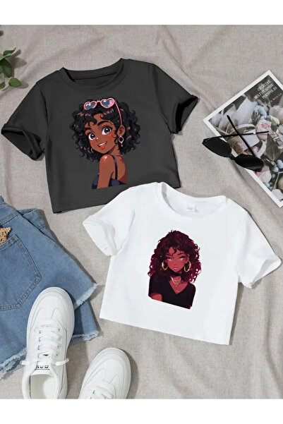 MANCY Детска дамска тениска с къс ръкав, щампована, от 2 части, 100% памук