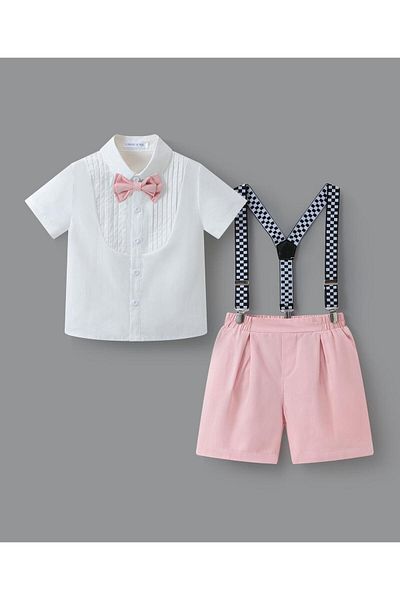 Mark & Mia Mark & Mia Party Suit with Bow and Suspenders - White & Pink