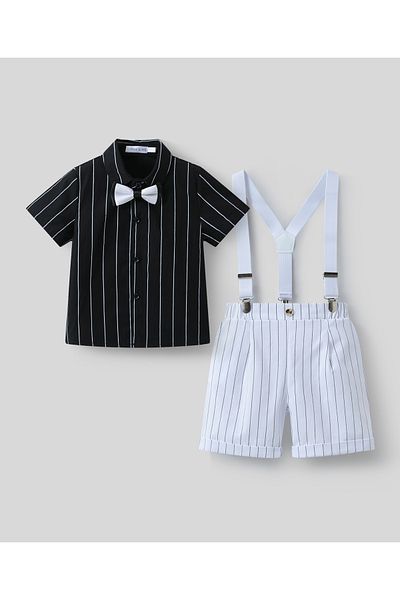 Mark & Mia Mark & Mia Short Sleeve Striped Shirt and Pair of Shorts with Suspenders Party Set - White and Black