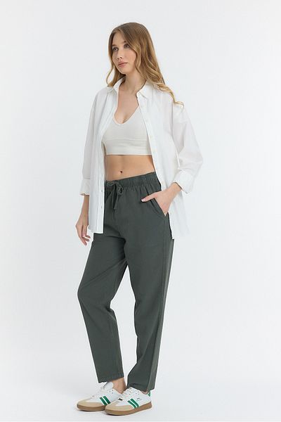 COMBİNE MİCHAİL Linen Blended Loose Fitting Khaki Trousers